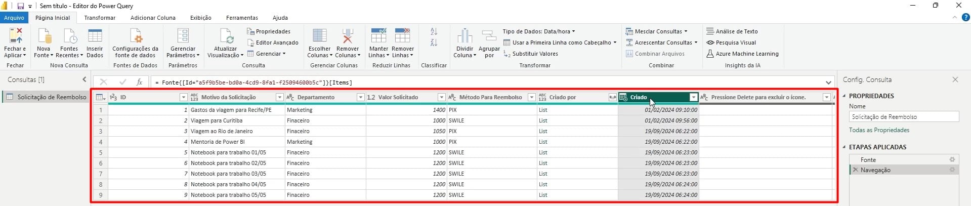 Lista de Reembolso do SharePoint no Power Query