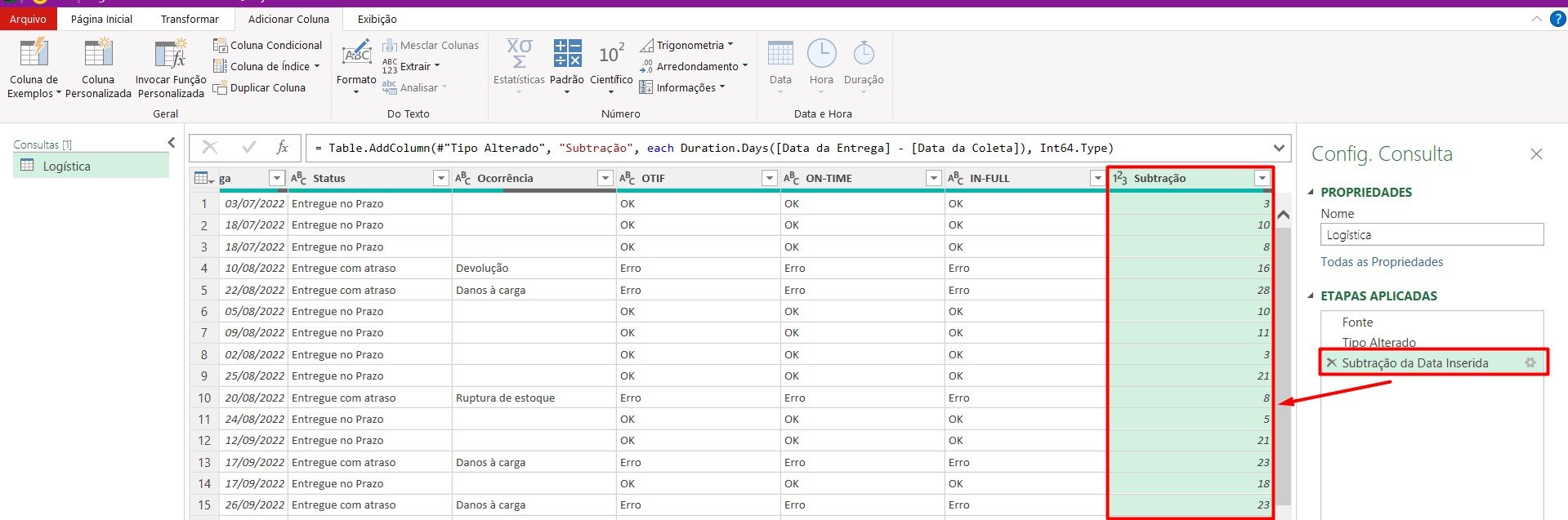 Resultado da Subtração de Dias no Power Query