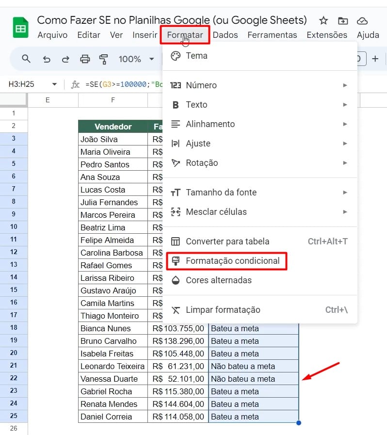 Usando a Formatação Condicional no Google Planilhas