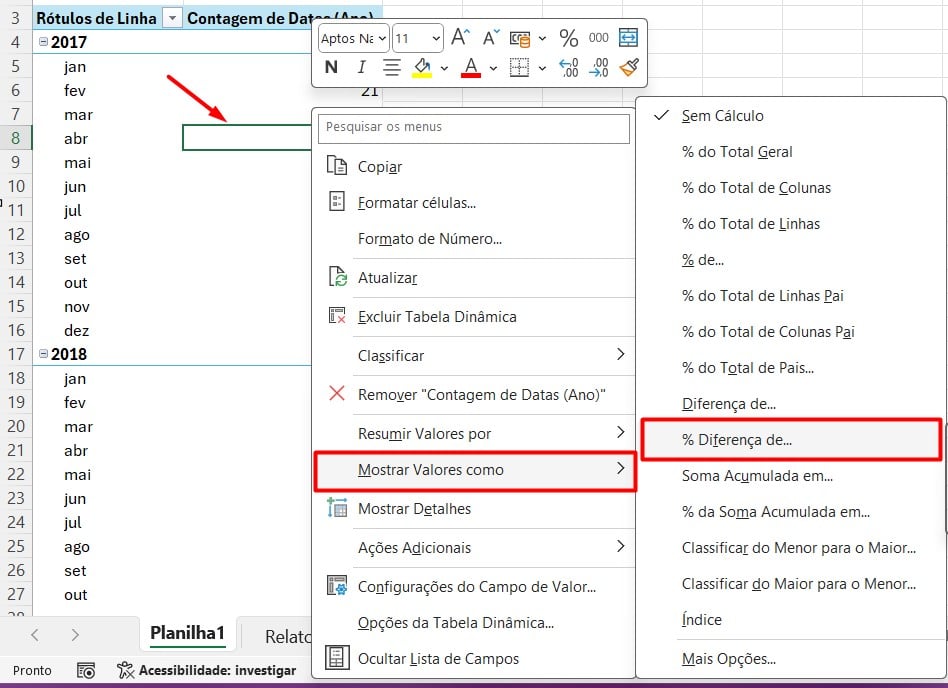 Configurando os Valores da Tabela Dinâmica no Excel Para Porcentagem