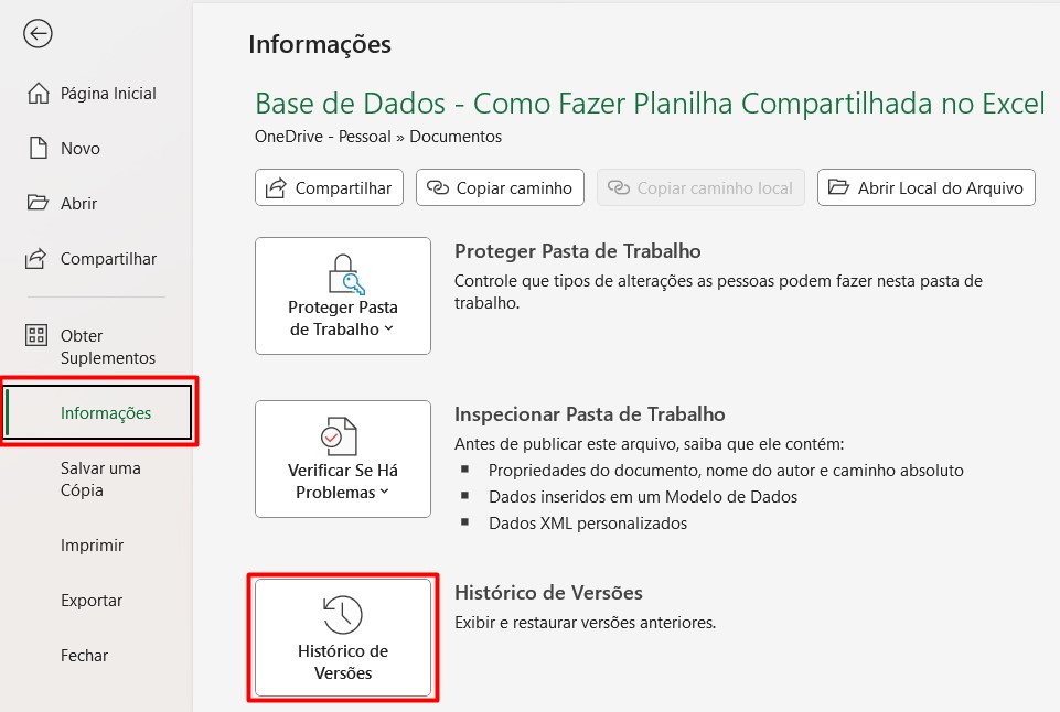 Consultando Versões de Planilhas no Excel