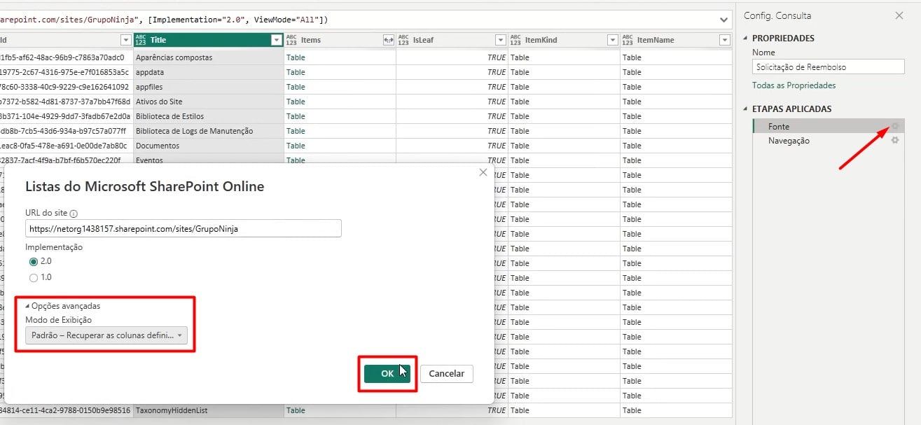 Modificando a Fonte de Dados da Lista do SharePoint