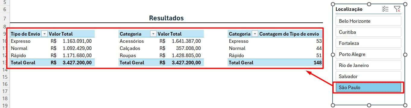 Conexões da Segmentação de Dados Configurada no Excel