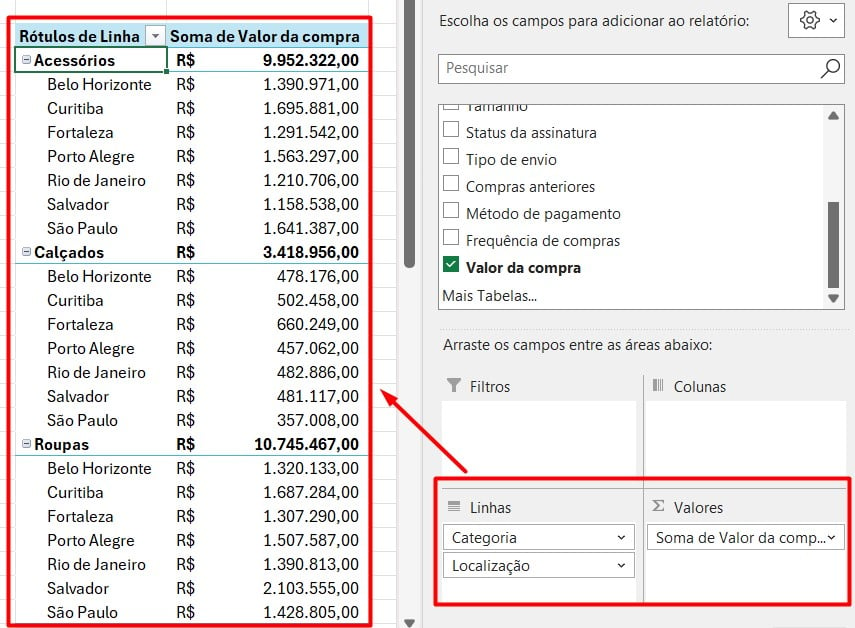 Explorando os Campos da Tabela Dinâmica no Excel