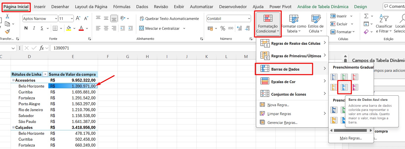 Formatação Condicional com Barra de Dados na Tabela Dinâmica