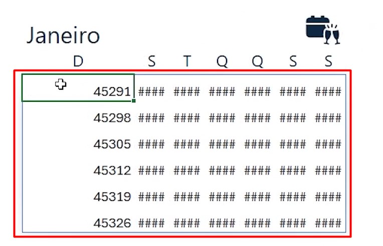 Colando a Fórmula no Calendário de Janeiro no Excel