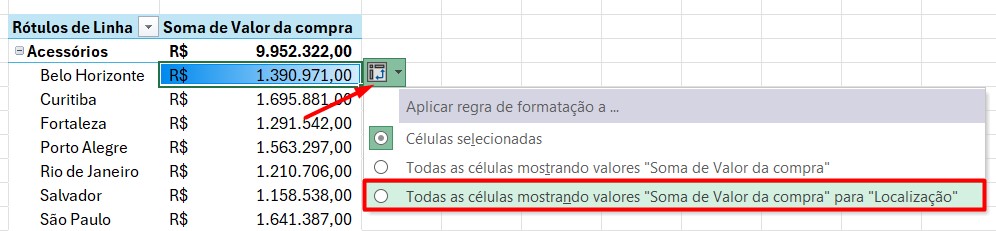 Configurando a Formatação Condicional na Tabela Dinâmica