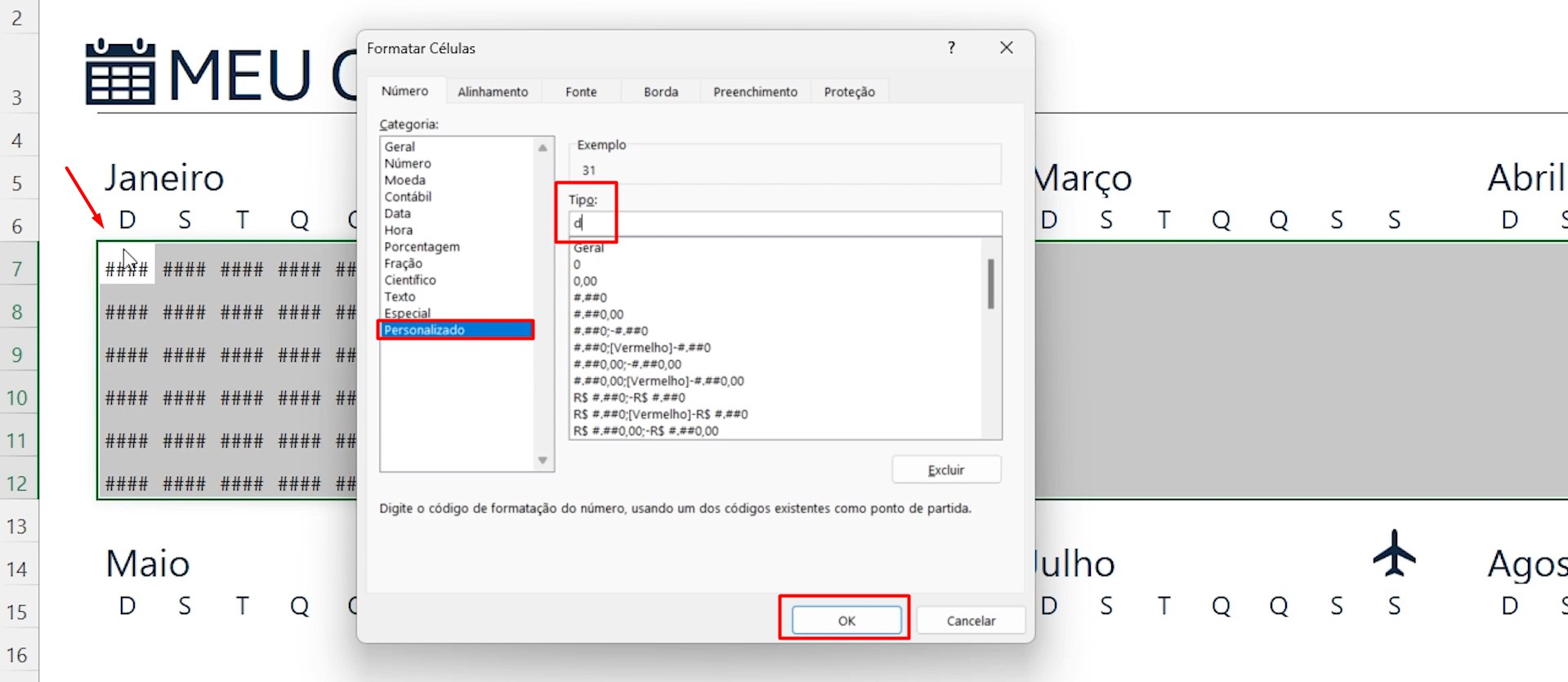 Personalizando a Data no Calendário do Excel