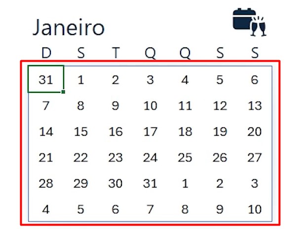 Criando o Calendário de Janeiro no Excel