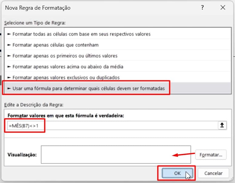 Criando Nova Regra com a Função MÊS na Formatação Condicional no Excel