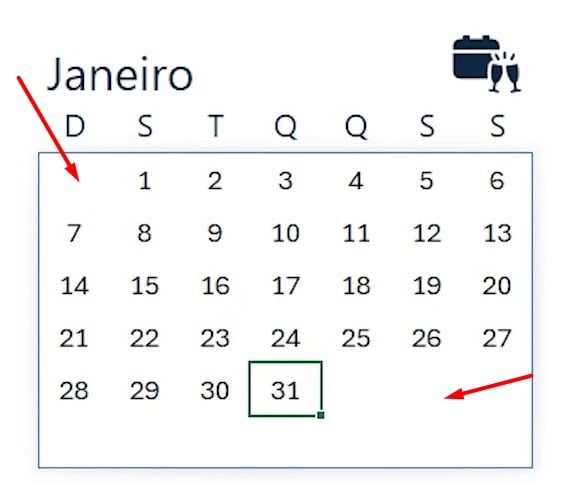  Calendário de Janeiro Ajustado com Formatação Condicional