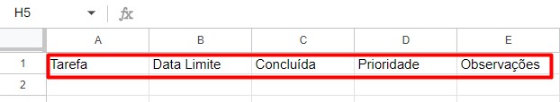 Esboço de Lista de Atividades no Planilhas Google