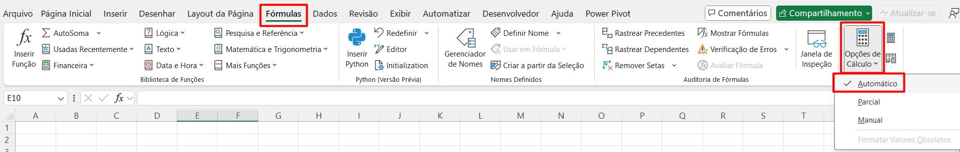 Opções de Cálculo no Excel