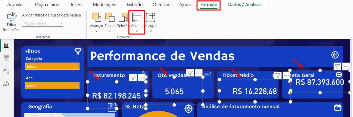 Alinhando Cartões no Dashboard de Vendas no Power BI