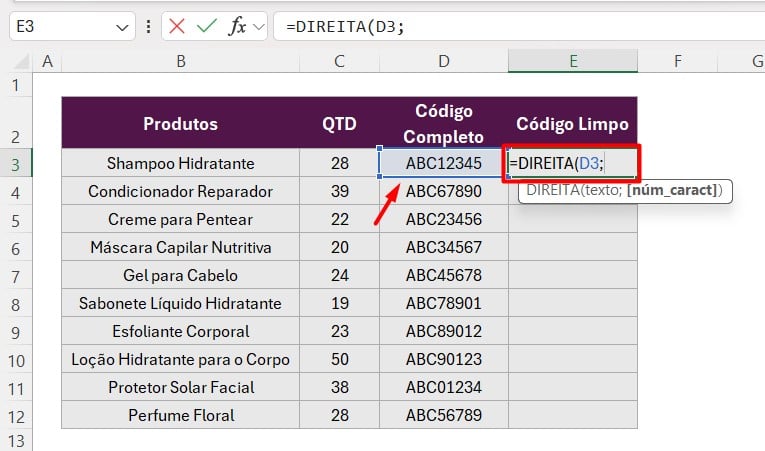 Aplicando a Função DIREITA no Excel