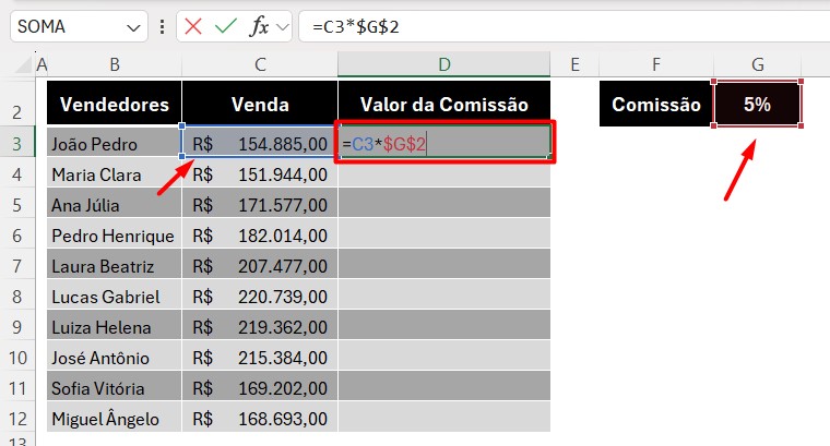 Cálculo da Comissão com Base na Venda no Excel