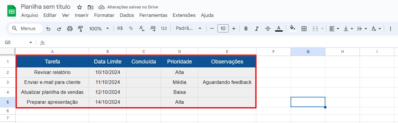 Esboço de Tabela de Lista de Atividades no Planilhas Google