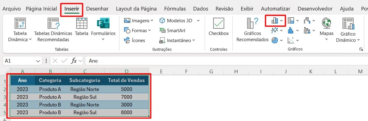 Inserindo Gráfico de Colunas no Excel