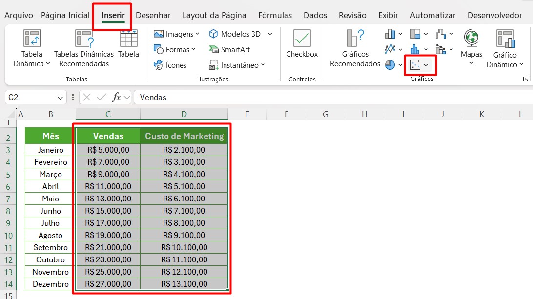 Inserindo Gráfico de Dispersão no Excel