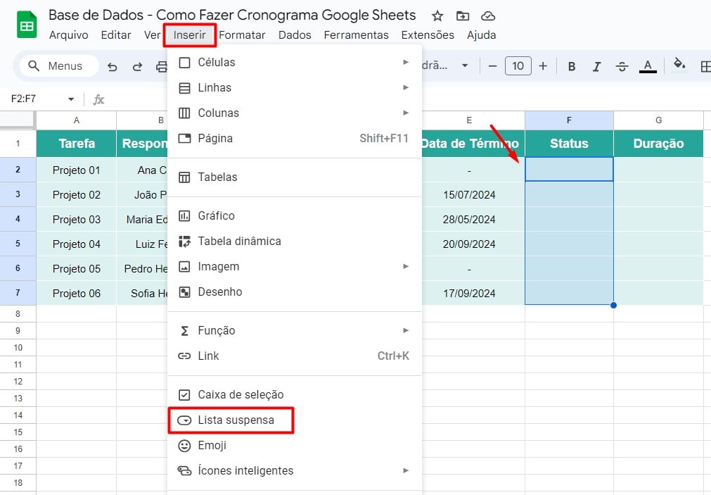 Inserindo Lista Suspensa no Cronograma do Google Sheets