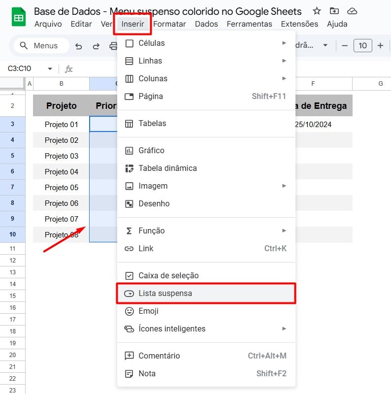 Inserindo Lista Suspensa no Google Sheets