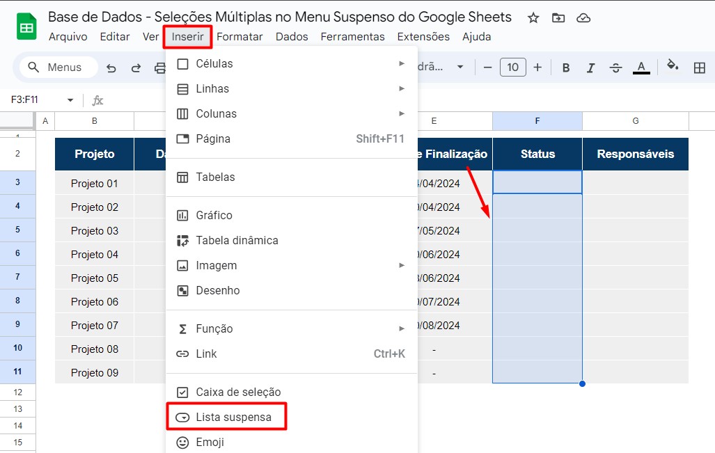 Inserindo Lista Suspensa no Google Sheets