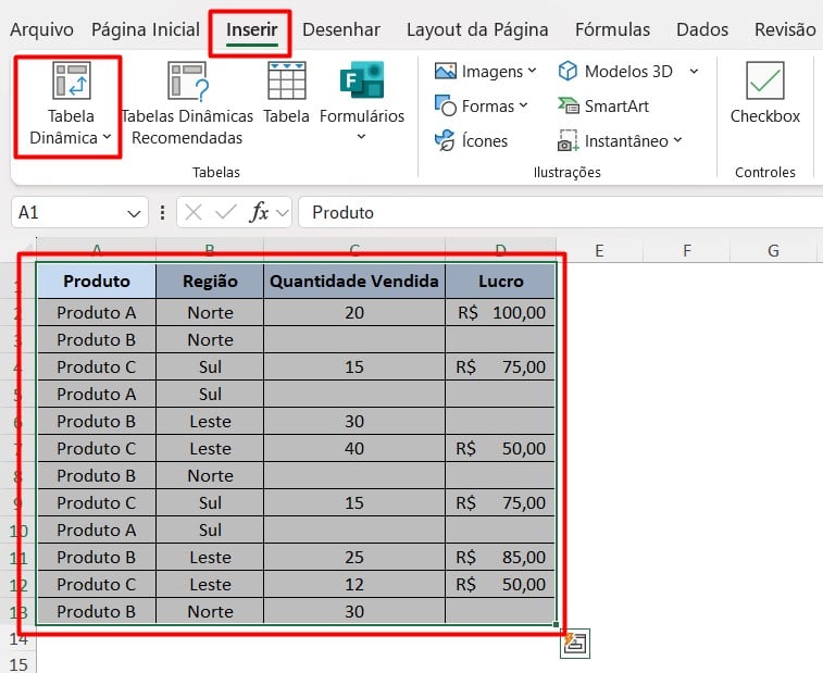 Inserindo Tabela Dinâmica no Excel