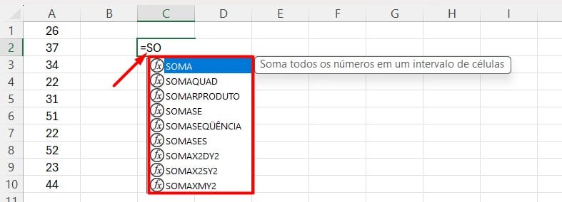 Sugestões de Funções no Excel