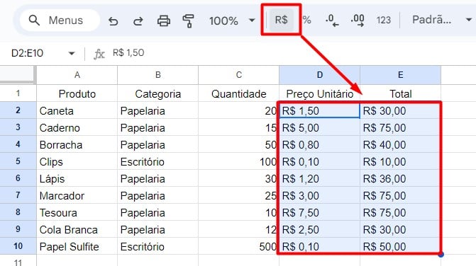 Valores Formatados Como Moeda no Google Sheets