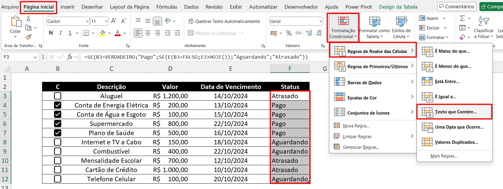 Acessando a aba de Formatação Condicional no Excel