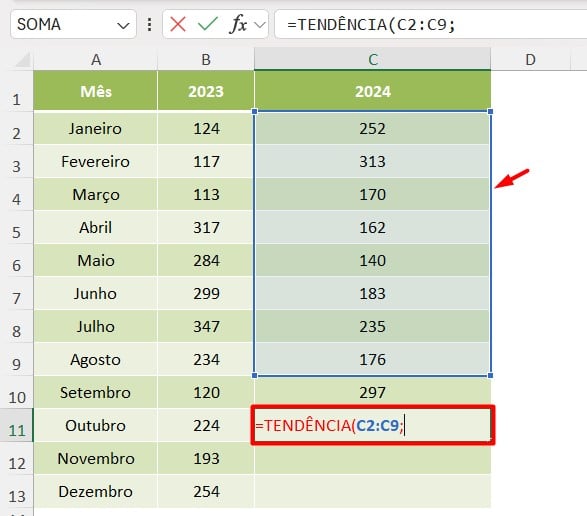 Aplicando a Função TENDÊNCIA