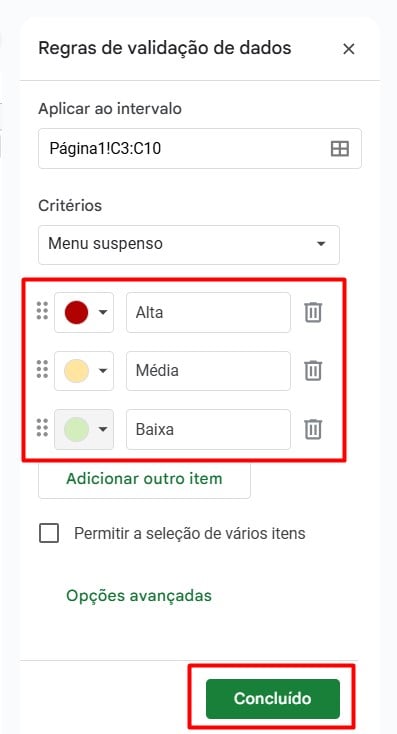 Configurando as Regras do Menu Suspenso no Google Sheets