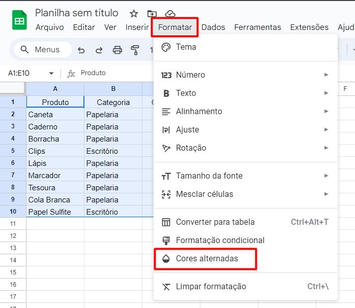 Formatando as Cores da Planilha