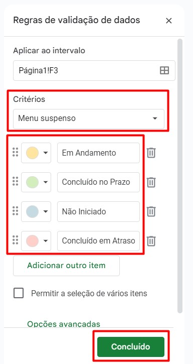 Inclusão de Opções da Lista Suspensa no Cronograma