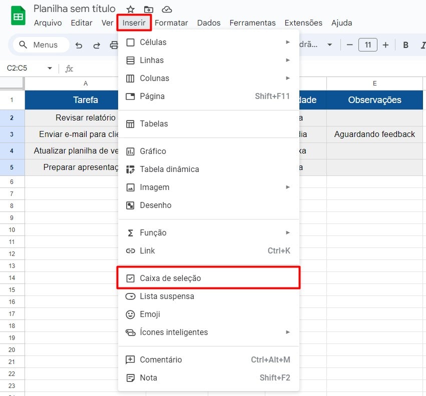 Inserindo Caixa de Seleção no Google Planilhas