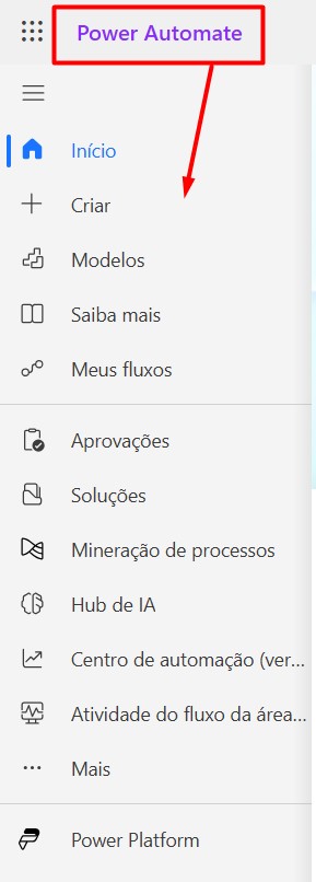 Menu do Power Automate