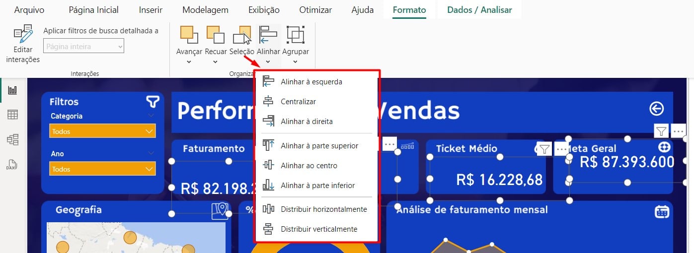 Opções de Alinhamento de Cartões no Dashboard de Vendas