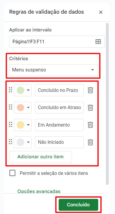 Registro de Regras de Validação de Dados no Google Sheets