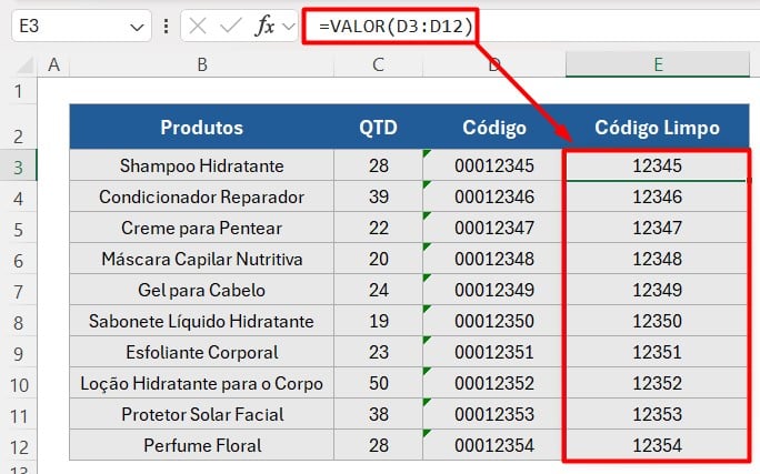 Resultado da Função VALOR no Excel