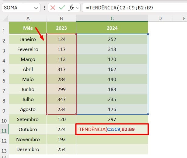 Aplicando a Função TENDÊNCIA no Excel