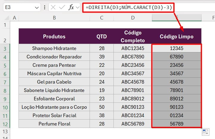 Aplicando as Funções DIREITA e NÚM.CARACT no Excel