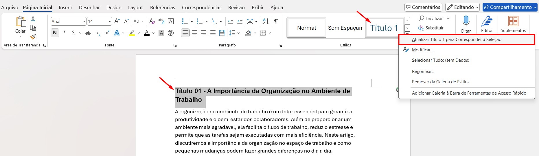 Atualizando Estilo do Título 1 no Word