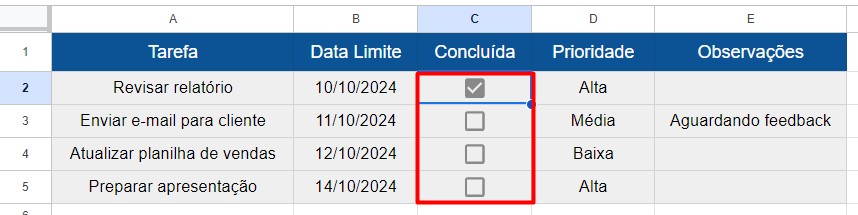 Caixa de Seleção Incluída na Lista de Atividades no Planilhas Google