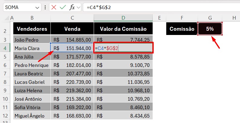 Cálculo da Comissão com Base na Venda no Excel