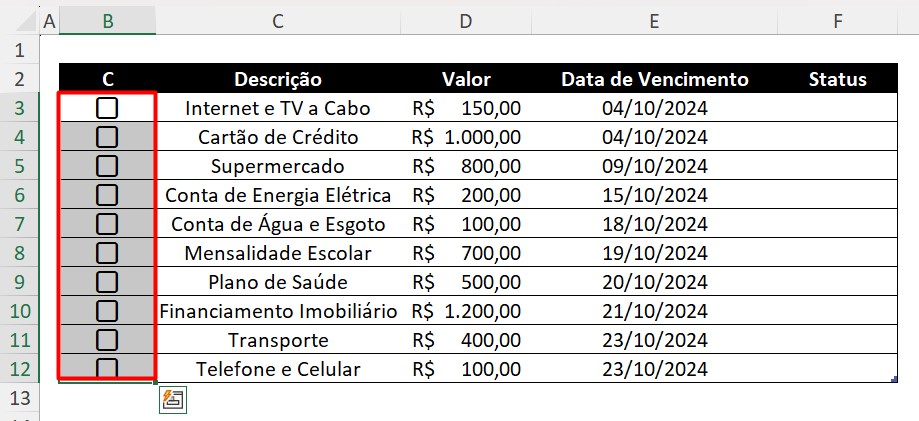 Checkbox Inserido no Excel