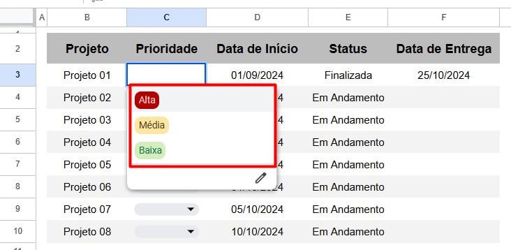 Definindo o Menu Suspenso no Google Sheets