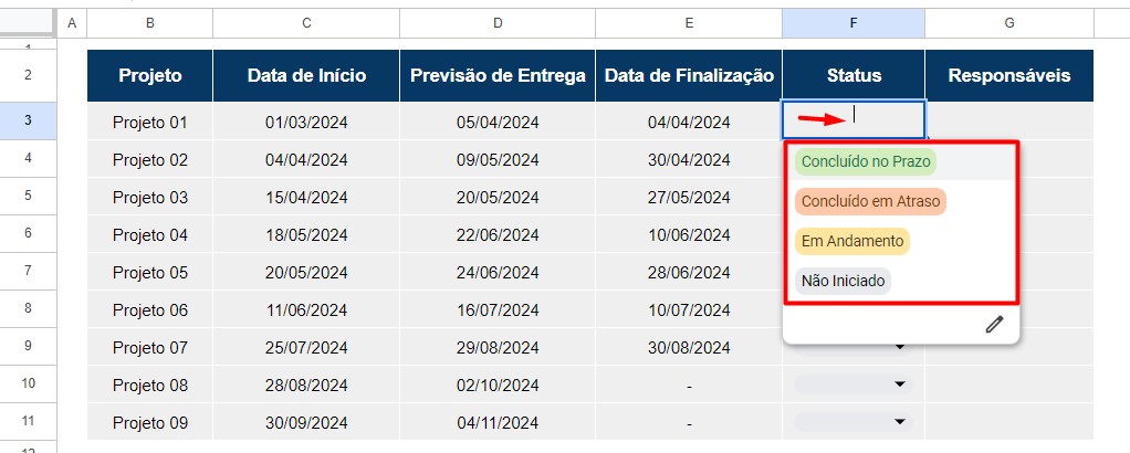 Lista Suspensa de Status no Google Sheets