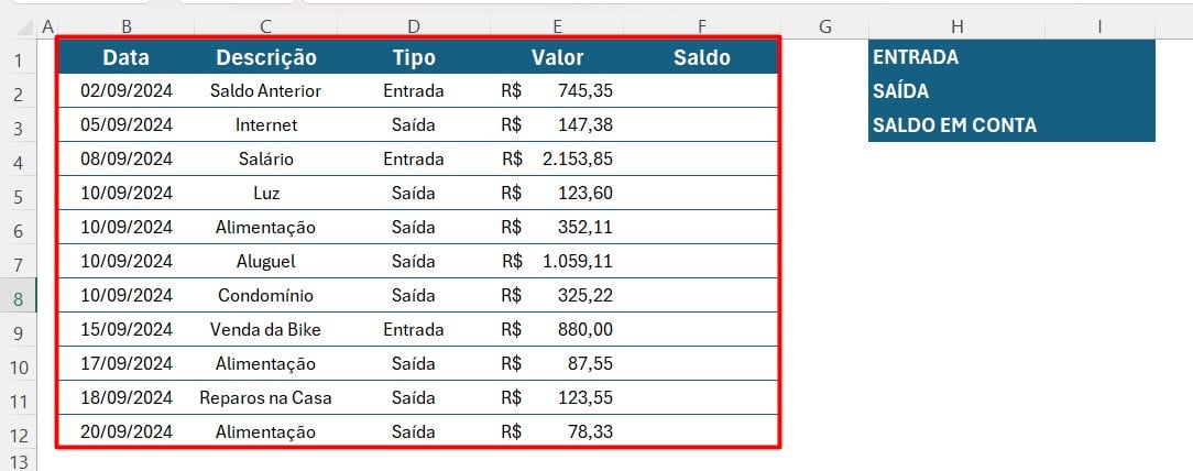 Registro de Fluxo de Caixa no Excel