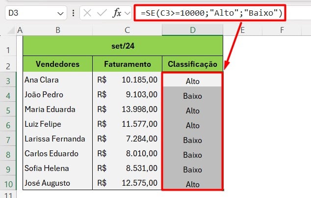 Resultado da Função SE no Excel