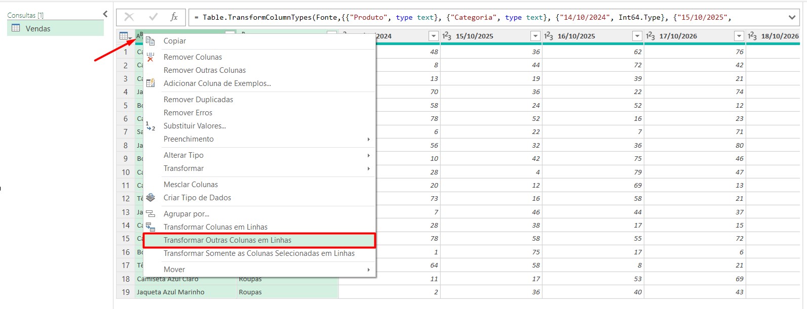 Transformando Colunas em Linhas no Power Query